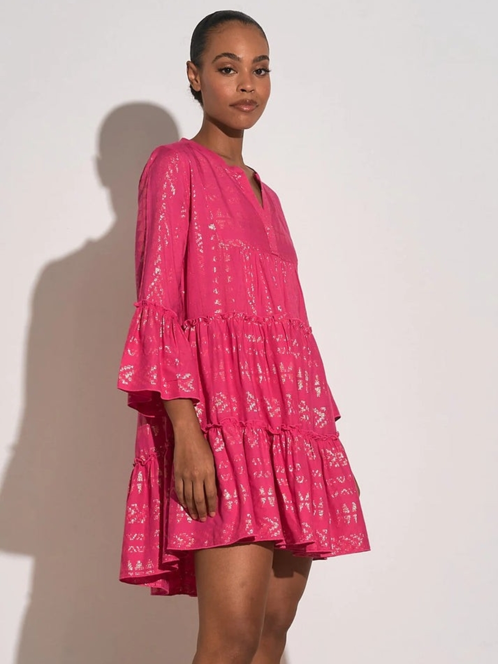 Barbie Pink Gold Goddess Mini Dress | Metallic Boho Babydoll Bell Sleeve Resort